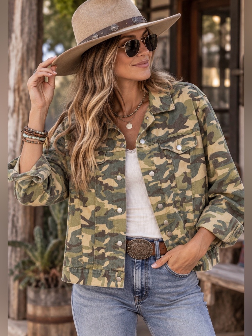 POL Camo Denim Jacket Leopard Accent Western Boho Utility